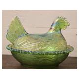 Vintage Green Carnival Glass Hen On A Nest