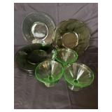 Green glass assortment plates, bowl, dessert cups