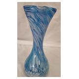 Blue and white blown glass vase