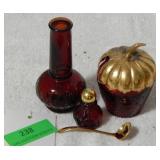 Avon red apple container with gold lid and spoon,