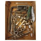 Allen wrenches, drill bits, ratchet, punches, box