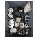 Plastic tote w/ lid & lots of electrical timers,