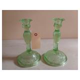 Pair of green glass candlesticks 8.5"