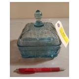 Blue glass candy dish with lid, honeybee pattern