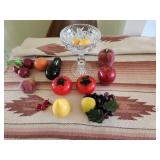 clear glass fruit bowl w/fake fruit