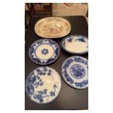 4 antique flow, blue plates, one bowl, and one