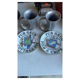 Aluminum beer, mugs, with two pub, grub plates,