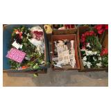 3 box lots Christmas decorations, fake flowers,