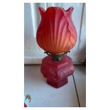 Red glass, fairy lamp, with a tulip flower,