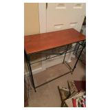 Green metal side table with would look top, any