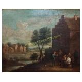 Antique Oil Painting - Figures Outside Building