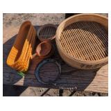 2 bamboo steamers, wooden bowls, rattan baskets