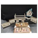 Wooden pictures, signs, paper towel holder