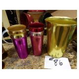 vintage aluminum water pitcher and 6 glasses