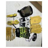 Gloves, safety glasses, knee pads & ratchet strap