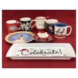 Assorted Christmas mugs and serving plates, one