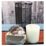 Large pillar candle w/ holder & decor