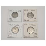 1929, 1938, 1960, 1960 Canadian Silver Quarters