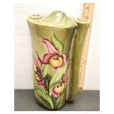 Vtg Floral Green Vase. 11in tall. Chipped on