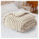 USED $90 (60"x80") Knitted Throw Blanket, Beige