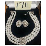 Vintage Faux Pearl 3 Strand Choker & Earring Set