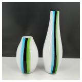 Matching Striped White Art Glass Vases