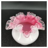 Vintage Fenton Pink & Milk Glass Crimped Bowl