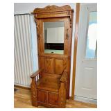 ANTIQ OAK HALL TREE W/ MIRROR & BENCH STORAGE