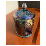 BLUE IRIDESCENT CARNIVAL GLASS COVERED JAR