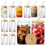 12pcs 16 oz Glass Cups with Bamboo Lids