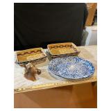 Wicker & enamel trays, ceramic horse head