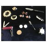 Scarf holders,barrettes, pins, Swiss knife,ink pen