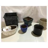 Various planters, metal & pottery