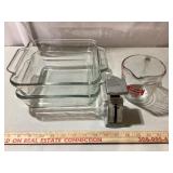 Glass Pans, 2 C. Measuring Pitcher & Postage Scale