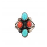 Navajo Turquoise Coral Sterling Ring Sz. 5