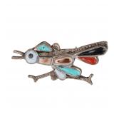 Zuni Multi Stone Sterling Roadrunner Inlay Brooch