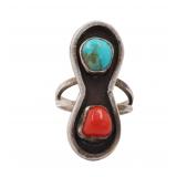 Navajo Turquoise Coral Sterling Ring Sz. 8