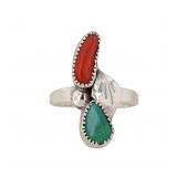 Navajo Green Turquoise Coral Sterling Ring Sz 5.25