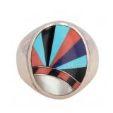 Southwest Multi Stone Sterling Inlay Ring Sz 5.25