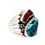 Navajo Heavy Sterling Turquoise Coral Ring