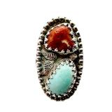 Navajo Sterling Coral Turquoise Ring