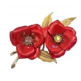 Coro Red Enamel Flower Brooch