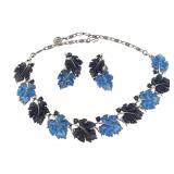 Lisner Blue Thermoset Leaf Necklace Earrings Set