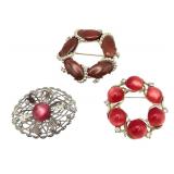 Kramer Lot 3 Red Brown Thermoset/Lucite Brooches