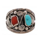 HL Navajo Turquoise Coral Sterling Ring Sz 9