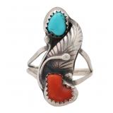 Sterling Navajo Turquoise Coral Ring