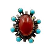 Old European Sterling Turquoise Carnelian Ring