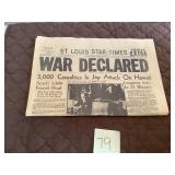 1941 St. Louis Star Times "War Declared" Paper