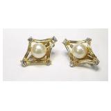 Large Vintage Gold Tone Faux Pearl Clip Earrings