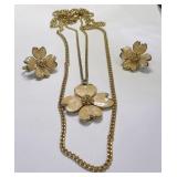 Enameled Dogwood Blossom Necklace & Clip Earrings